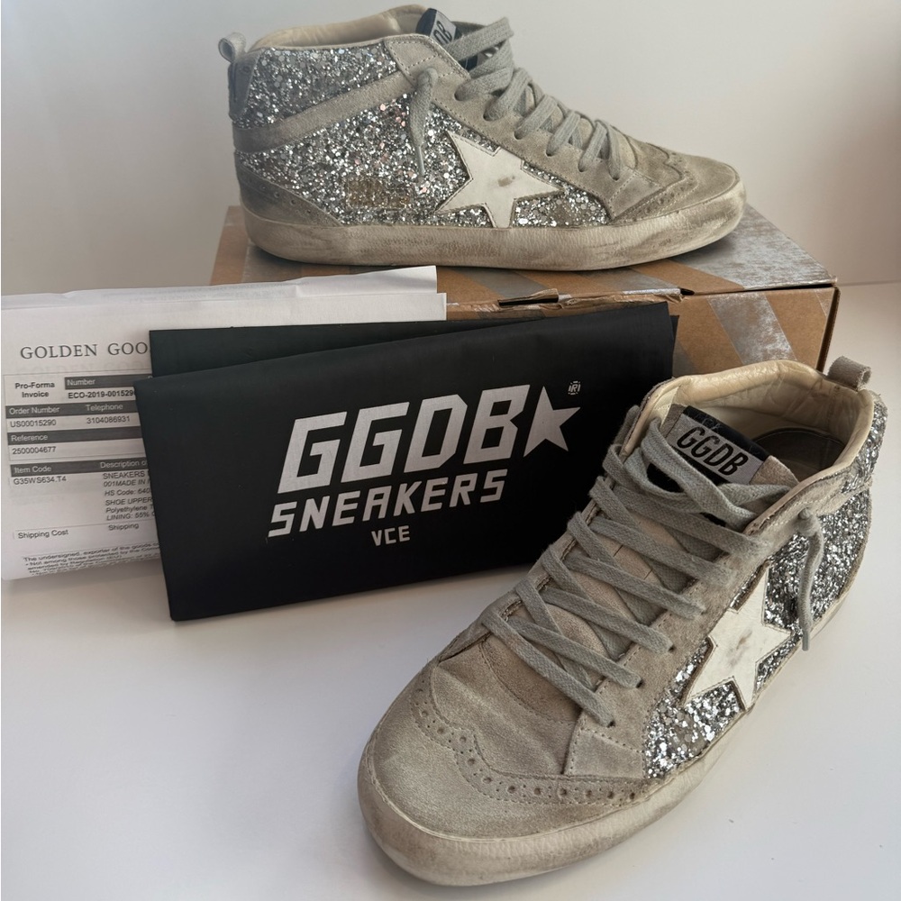 Golden Goose Women's Mid Star Silver Glitter Detail with leather star - Size 39